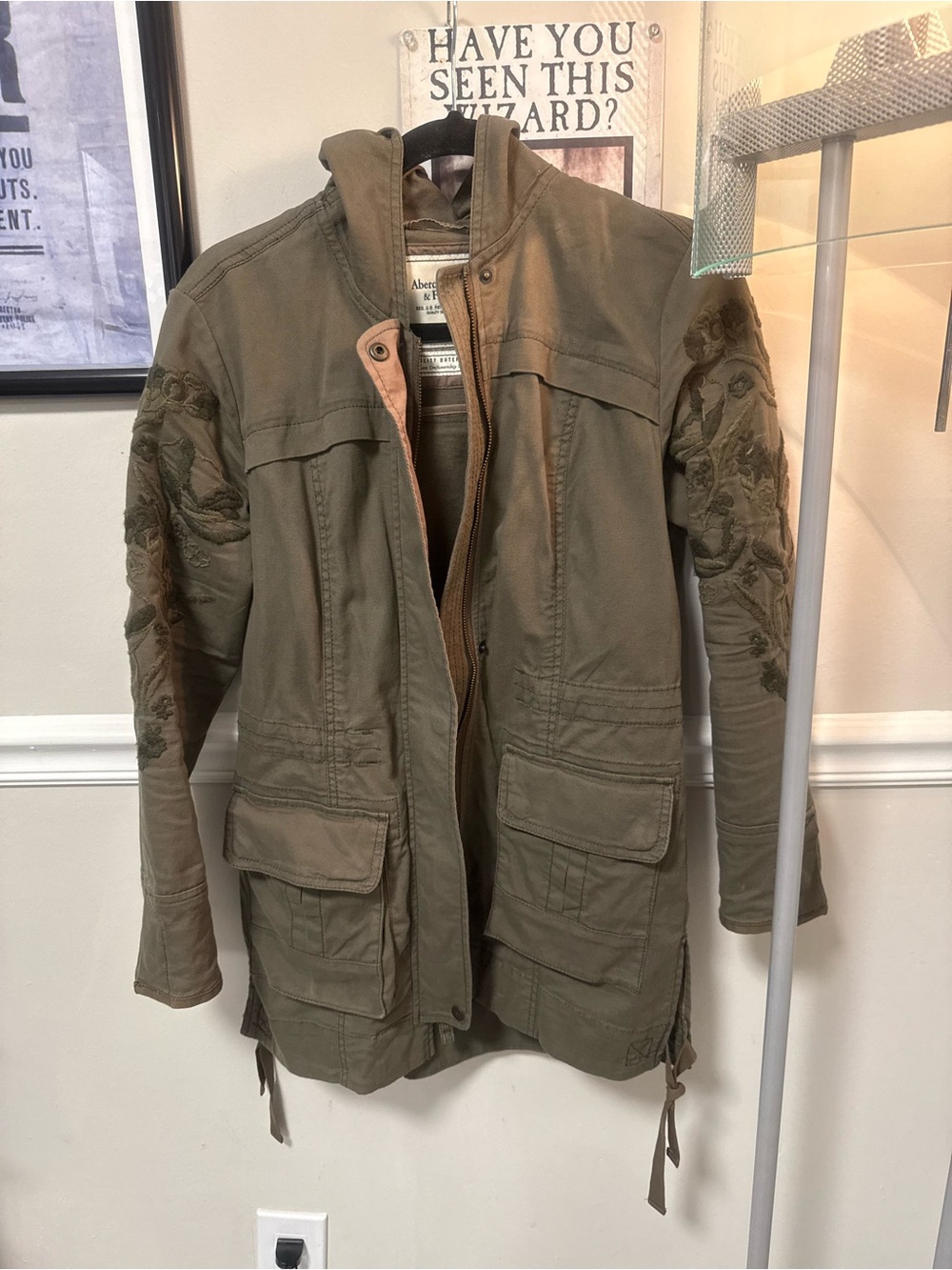 Abercrombie & Fitch Olive Military-Inspired Field Jacket with Sleeve Embroidery